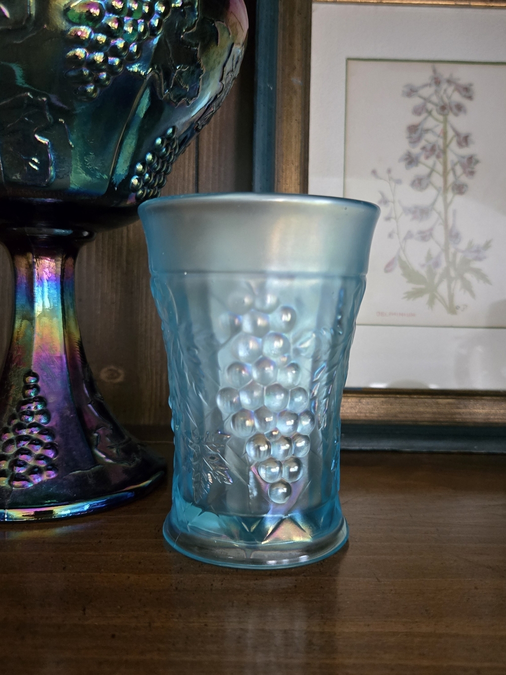 Antique Northwood Ice Blue Carnival Glass Grape Tumbler